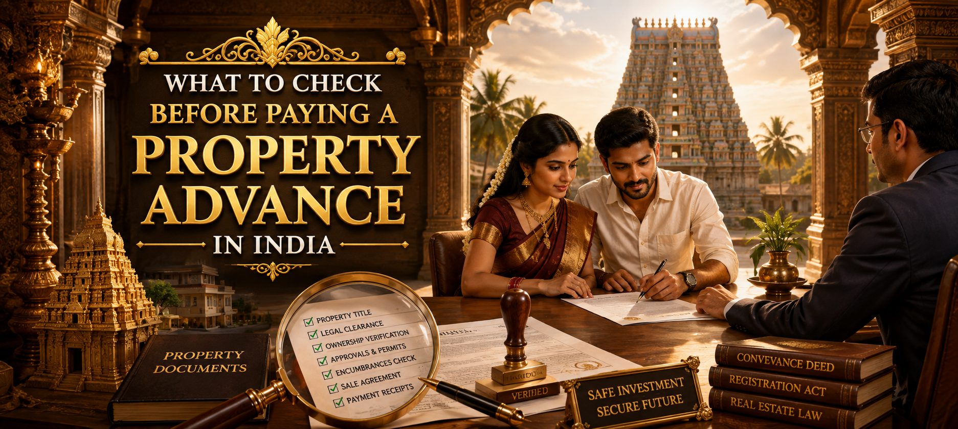 Property buyer checking documents before paying a property advance in India